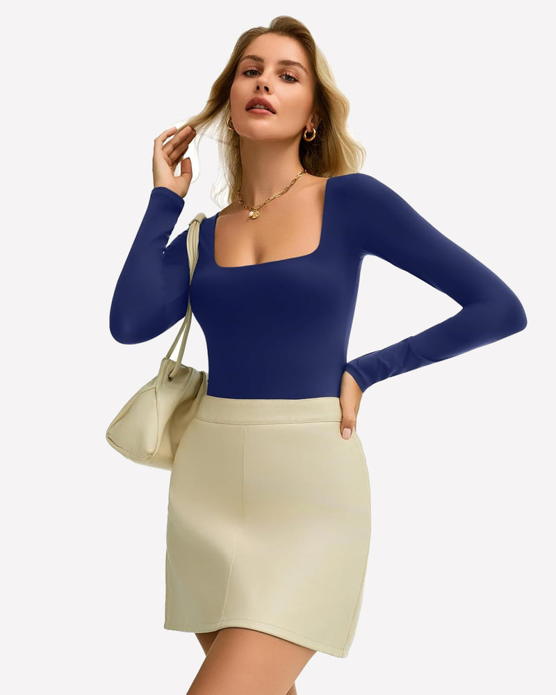 Double Lined Square Neck BodySuit Tops Shaperwear-bodysuit - Tophatter Daily Deals