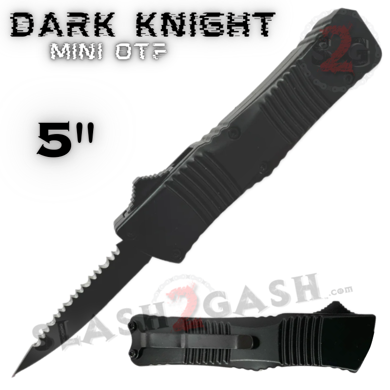Dark Knight Mini OTF Knife Small Auto Switchblade - Black Serrated Black - Double Edge Serrated Knife-OTF - Tophatter Daily Deals