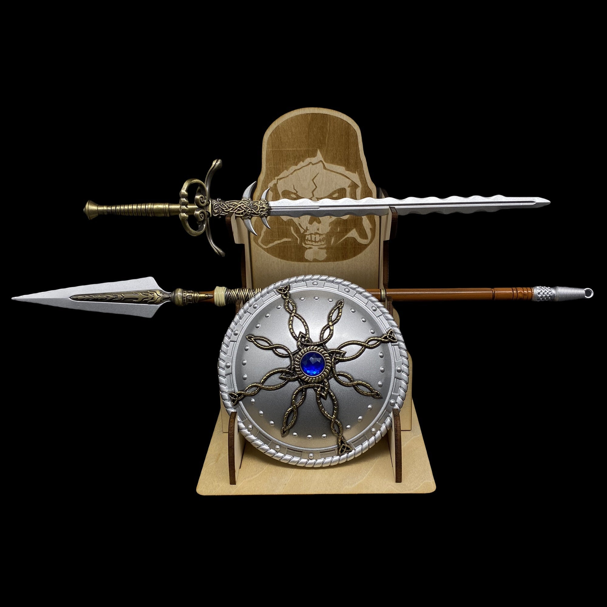 Dark Ruler's Great Shield Rough-tooth Saw The Spear of Resurrection Metal Replica 3 In 1 Pack & 3D Stand - Tophatter Daily Deals