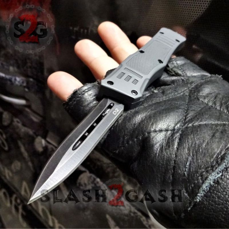 Grey Commando OTF Knife Small 7" Delta Force Switchblade - Black D2 Double Edge Knife-OTF - Tophatter Daily Deals