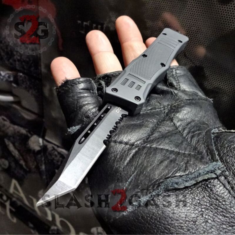 Delta Force OTF Knife Small 7" Grey Commando - Black D2 Tanto Tanto Serrated Knife-OTF - Tophatter Daily Deals