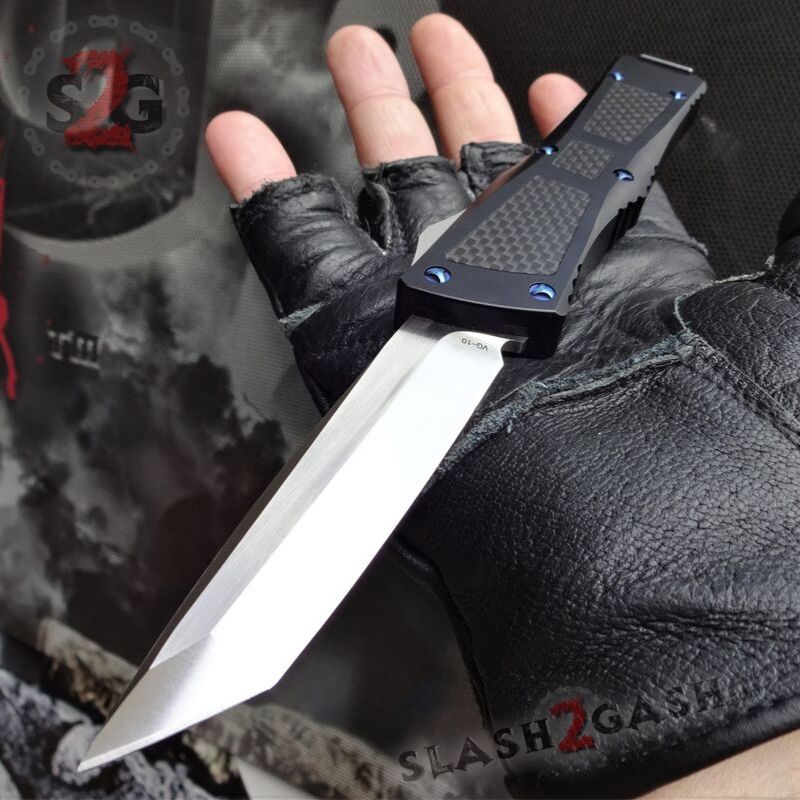 Dark Knight VG-10 OTF Knife CNC T6061 w/ Carbon Fiber - Tanto Blue Screws Knife-OTF - Tophatter Daily Deals