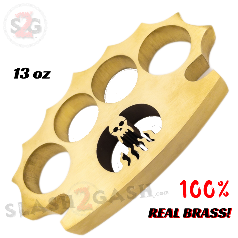 Real Brass Skull Knuckle Spiked Paperweight Duster w/ Flames - 13oz Belt Buckle - Tophatter Daily Deals