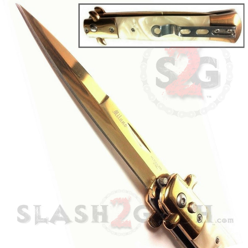 Diablo Stiletto Automatic Knife Milano Switchblade - Gold Marble White Pearl Knife-Auto - Tophatter Daily Deals