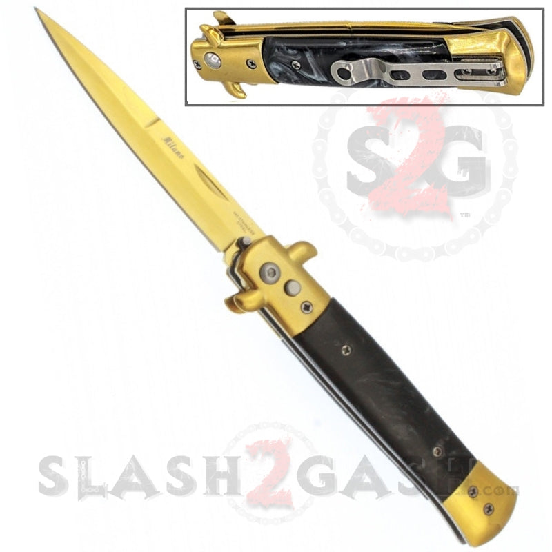 Diablo Stiletto Automatic Knife Milano Switchblade - Gold Marble Black Pearl Knife-Auto - Tophatter Daily Deals