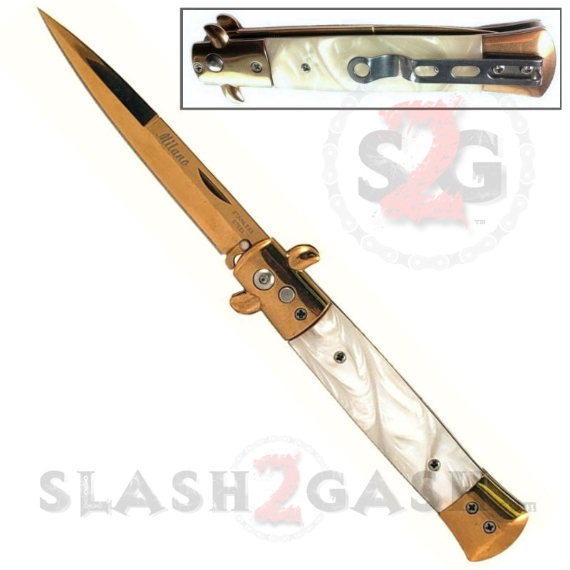 Diablo Stiletto Automatic Knife Milano Switchblade 9" - Asst. colors White Marble - Gold Knife-Auto - Tophatter Daily Deals