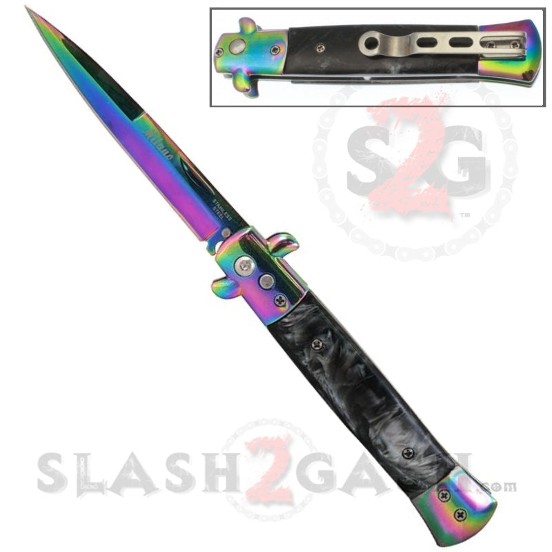 Diablo Stiletto Automatic Knife Milano Switchblade - Rainbow Marble Black Knife-Auto - Tophatter Daily Deals