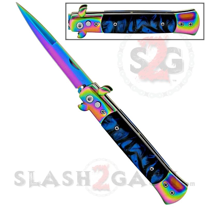 Diablo Stiletto Automatic Knife Milano Switchblade - Rainbow Marble Blue Knife-Auto - Tophatter Daily Deals