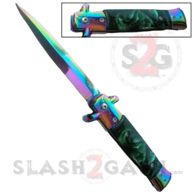 Diablo Stiletto Automatic Knife Milano Switchblade 9" - Asst. colors Green Marble - Rainbow Knife-Auto - Tophatter Daily Deals