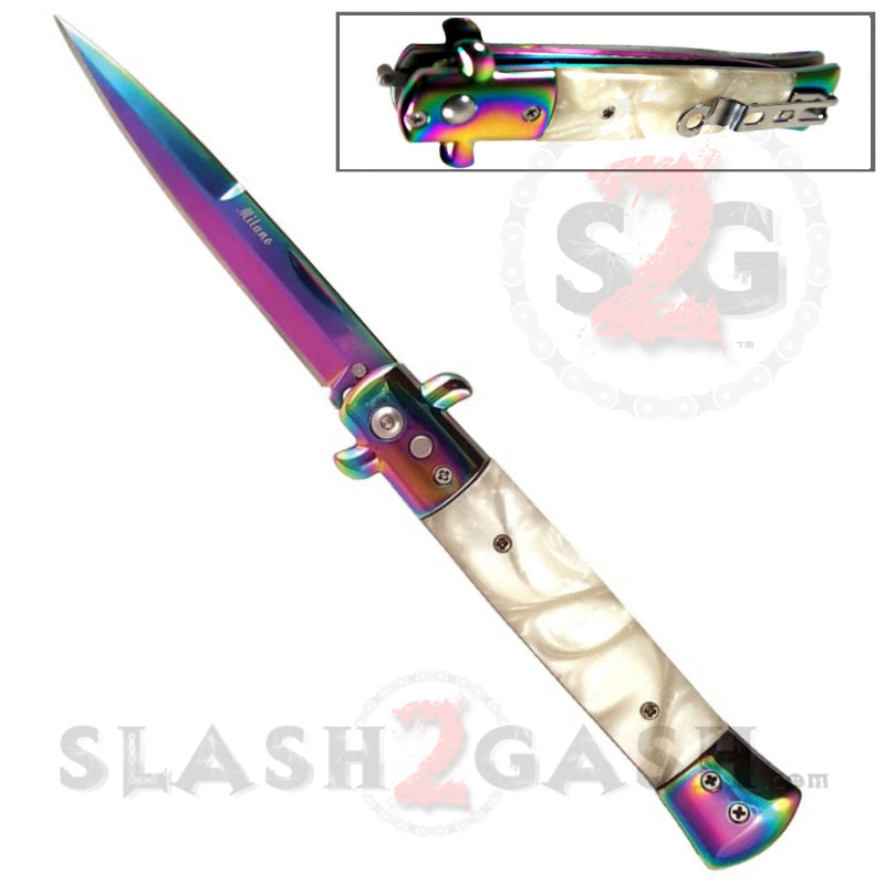 Diablo Stiletto Automatic Knife Milano Switchblade 9" - Asst. colors White Marble - Rainbow Knife-Auto - Tophatter Daily Deals
