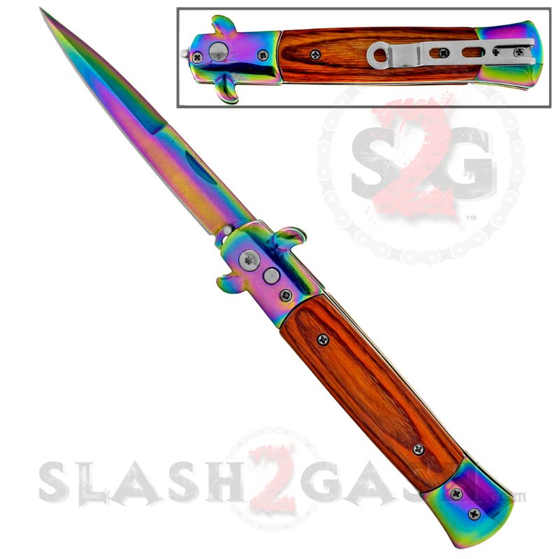 Diablo Stiletto Automatic Knife Milano Switchblade 9" - Asst. colors Rosewood - Rainbow Knife-Auto - Tophatter Daily Deals