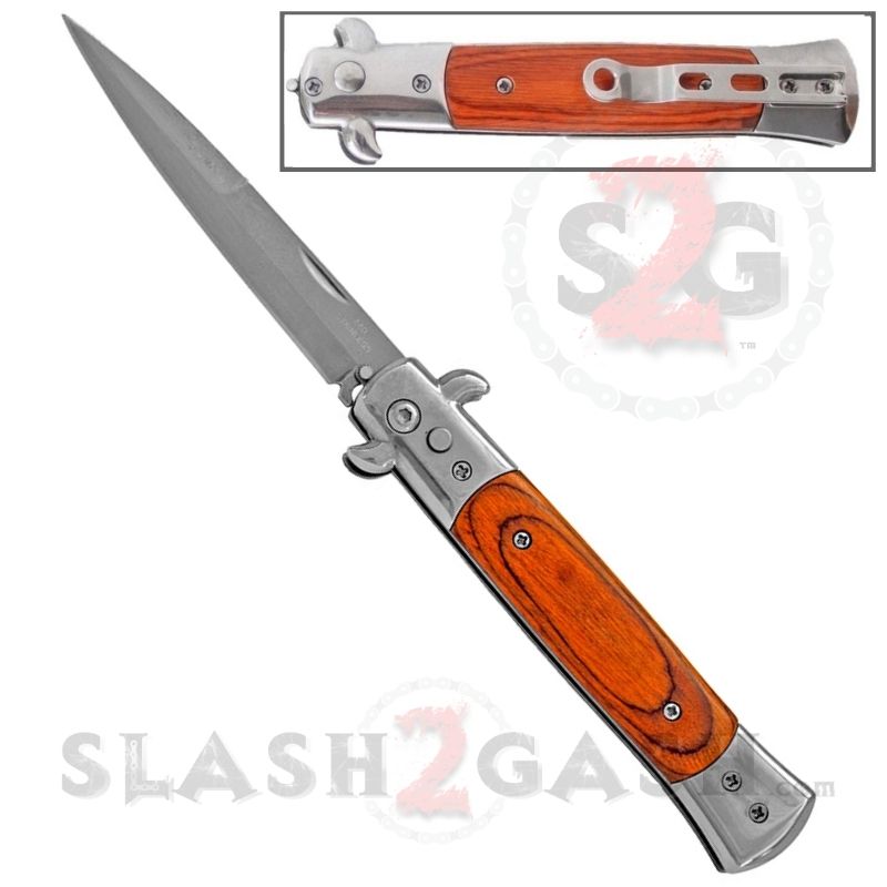 Diablo Stiletto Automatic Knife Milano Switchblade - Silver w/ Rosewood Factory B Knife-Auto - Tophatter Daily Deals