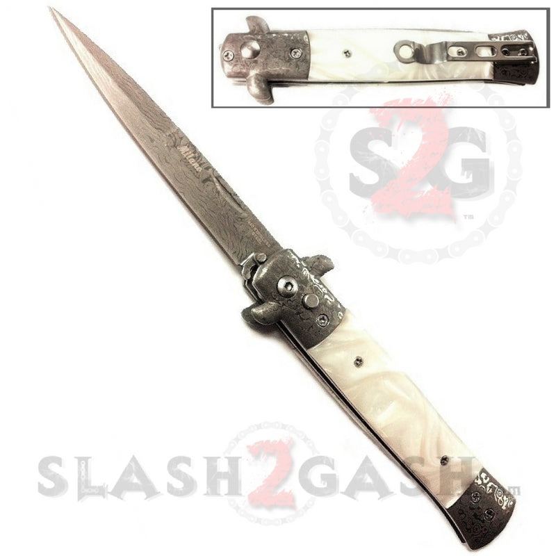 Diablo Stiletto Automatic Knife Milano Switchblade 9" - Asst. colors White Marble - Damascus Knife-Auto - Tophatter Daily Deals