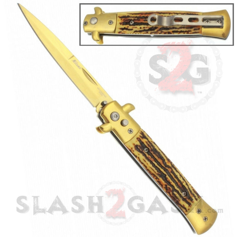 Diablo Stiletto Automatic Knife Milano Switchblade - Gold Stag Horn Knife-Auto - Tophatter Daily Deals