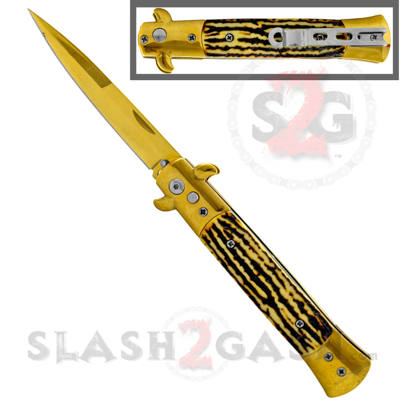 Diablo Stiletto Automatic Knife Milano Switchblade 9" - Asst. colors Stag - Gold Knife-Auto - Tophatter Daily Deals