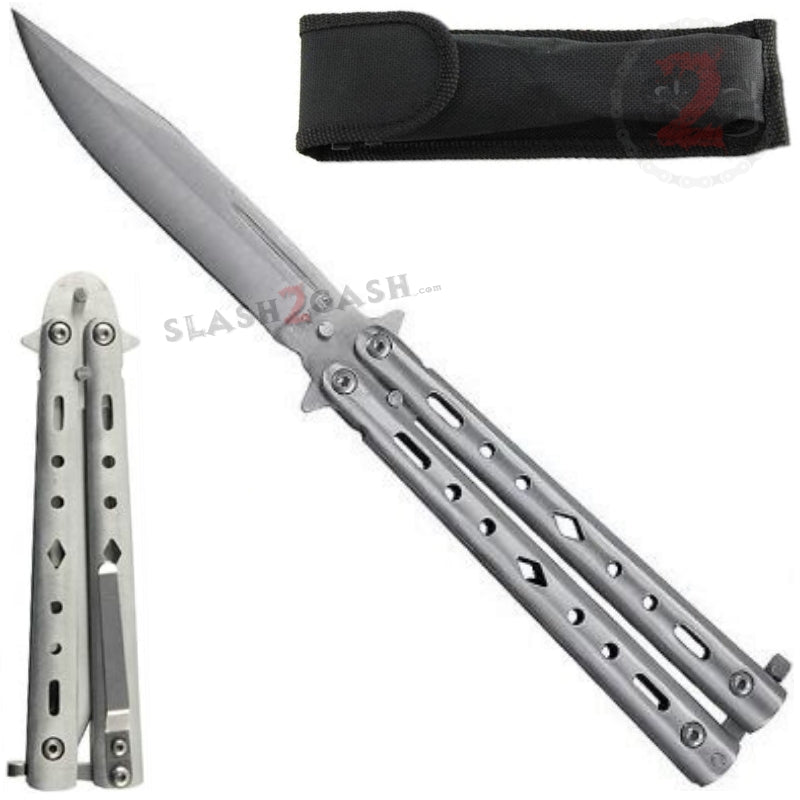 Ace of Diamonds Butterfly Knife w/ Clip - Titanium Rainbow Bali Brushed Silver Knife-Balisong - Tophatter Daily Deals