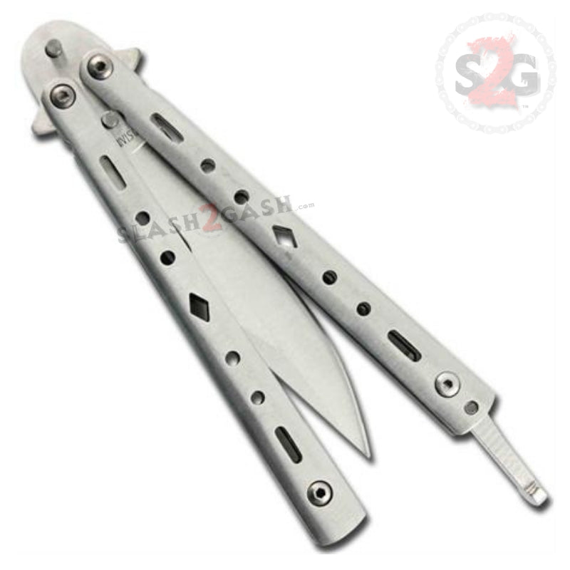 Ace of Diamonds Butterfly Knife w/ Clip - Brushed Silver Bali Knife-Balisong - Tophatter Daily Deals