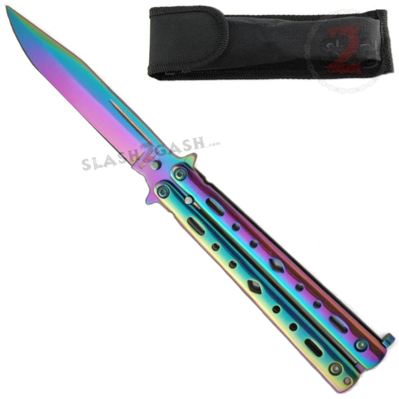 Ace of Diamonds Butterfly Knife w/ Clip - Titanium Rainbow Bali Titanium Rainbow Knife-Balisong - Tophatter Daily Deals