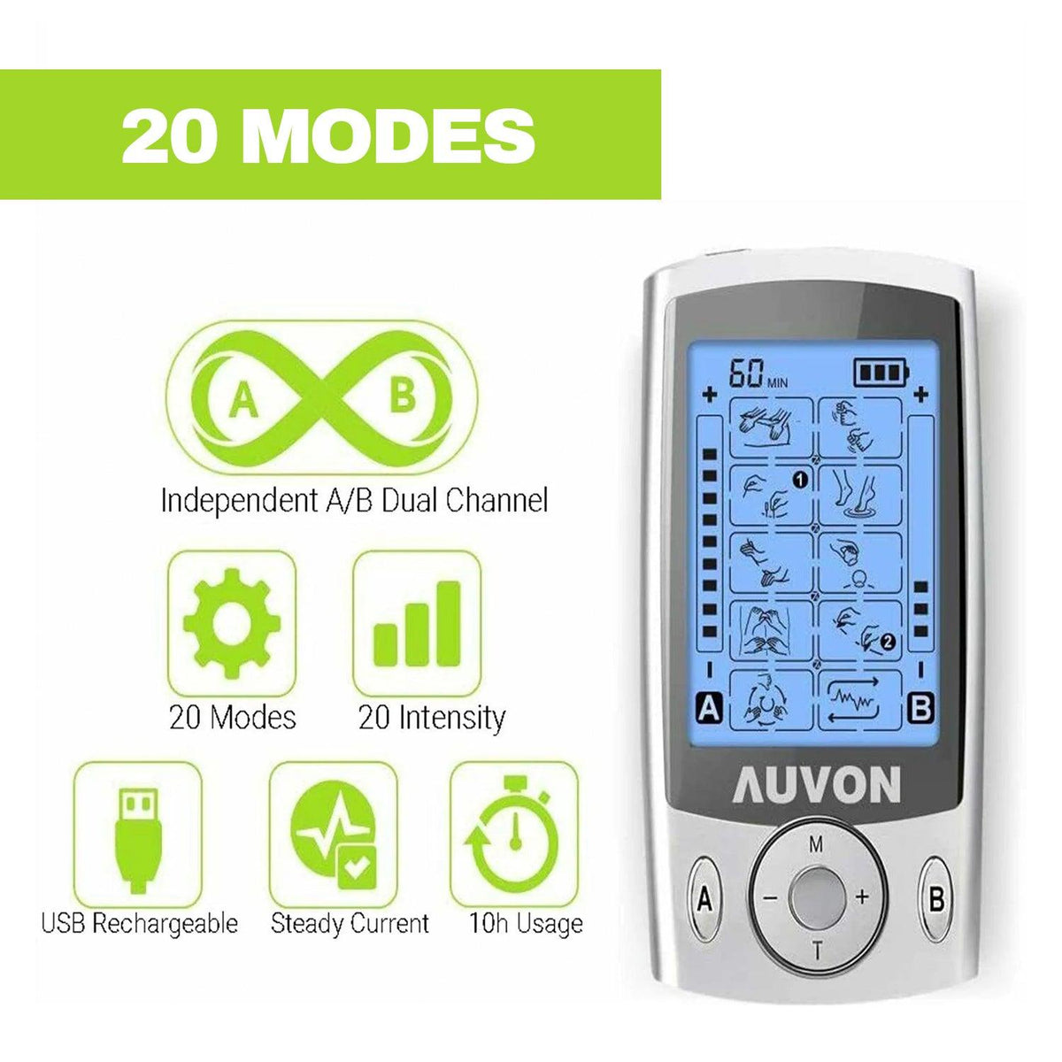 Electro Muscle Stimulation Machine - Dual Channel TENS Machine for Pain Relief | TENS Unit Muscle Stimulator with 20 Modes | 2″ and 2″x4″ TENS Pads Health & Beauty - Tophatter Daily Deals