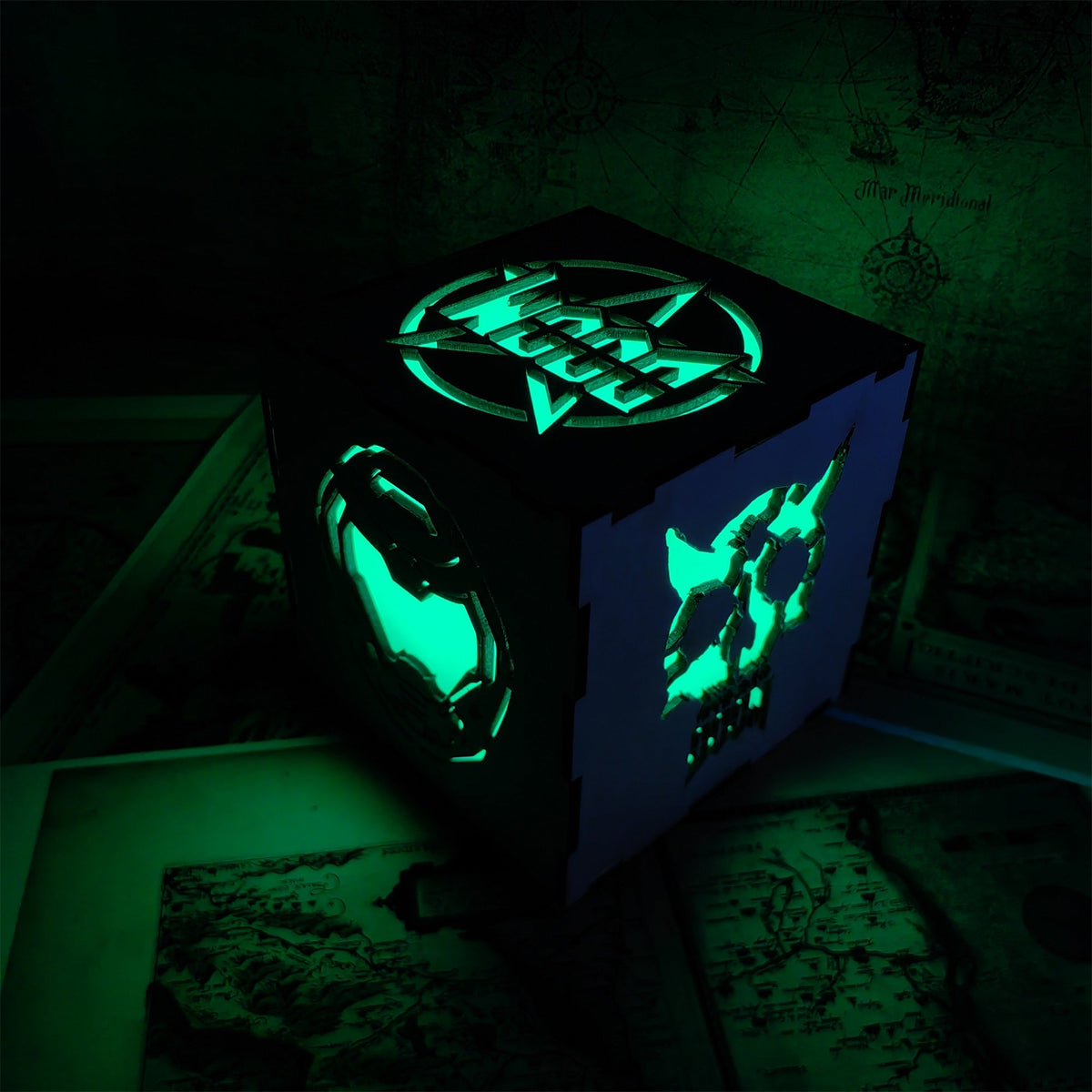 Doomguy Helmet Satan Pattern Wood Cube Light Desk Decor - Tophatter Daily Deals