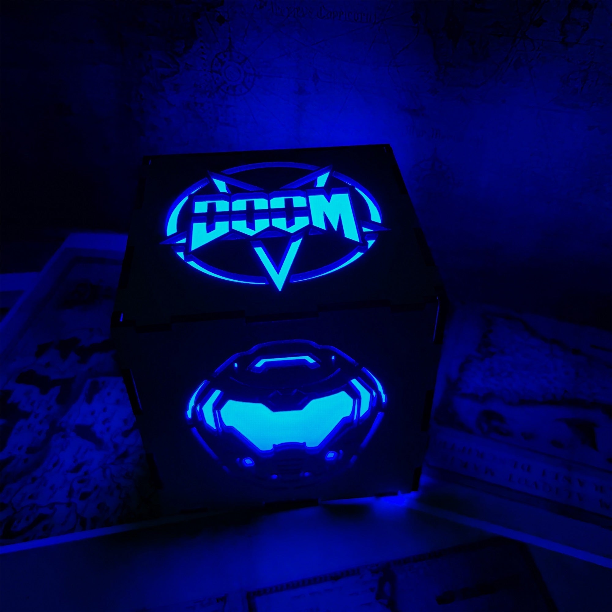 Doomguy Helmet Satan Pattern Wood Cube Light Desk Decor - Tophatter Daily Deals