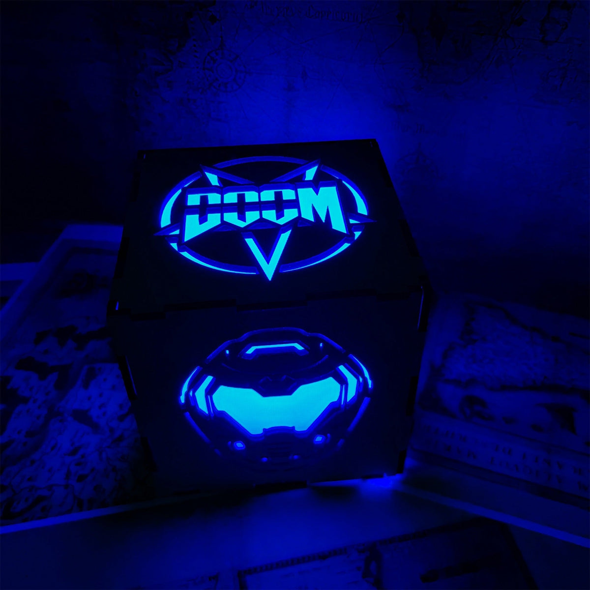 Doomguy Helmet Satan Pattern Wood Cube Light Desk Decor - Tophatter Daily Deals