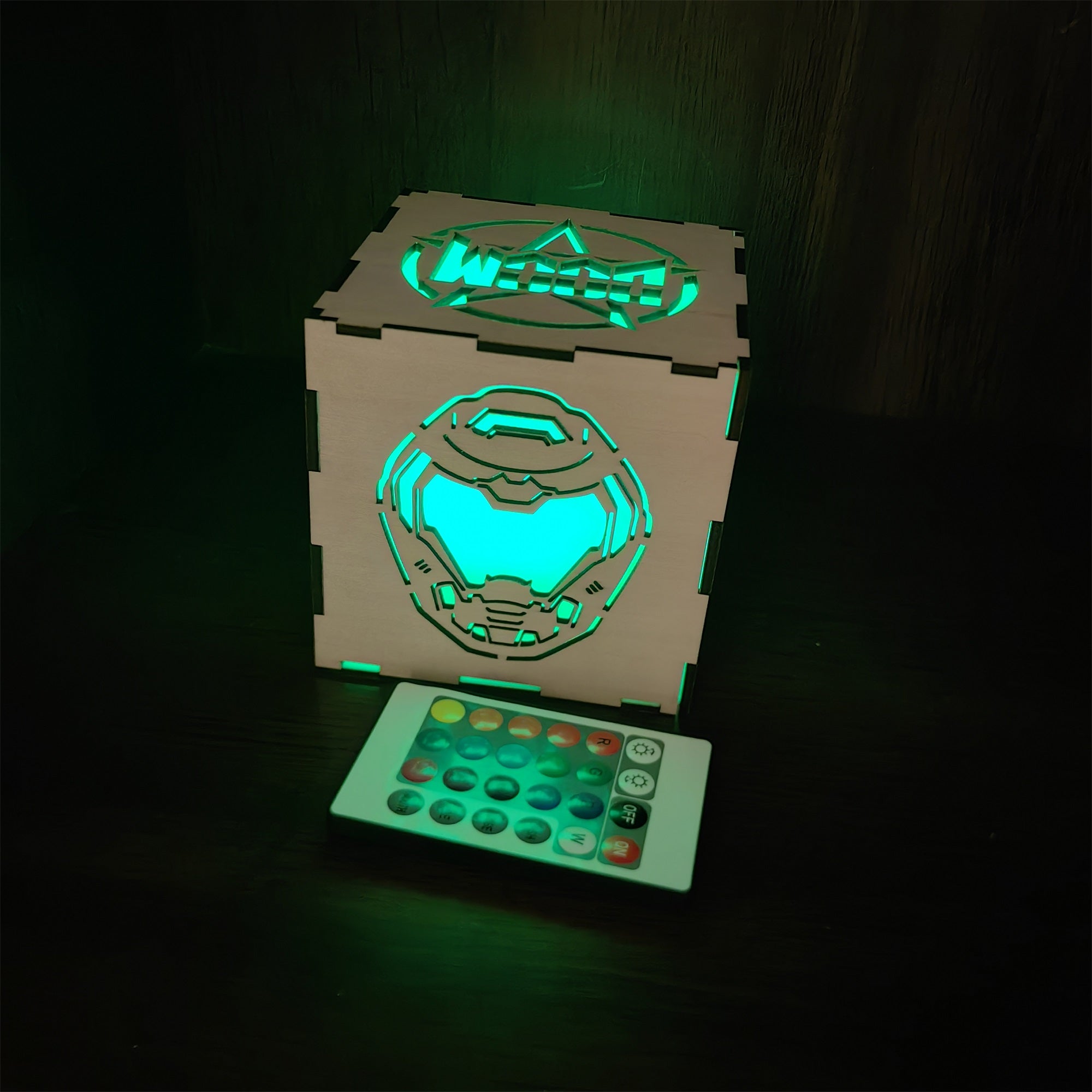Doomguy Helmet Satan Pattern Wood Cube Light Desk Decor Wooden Cube Light - Tophatter Daily Deals