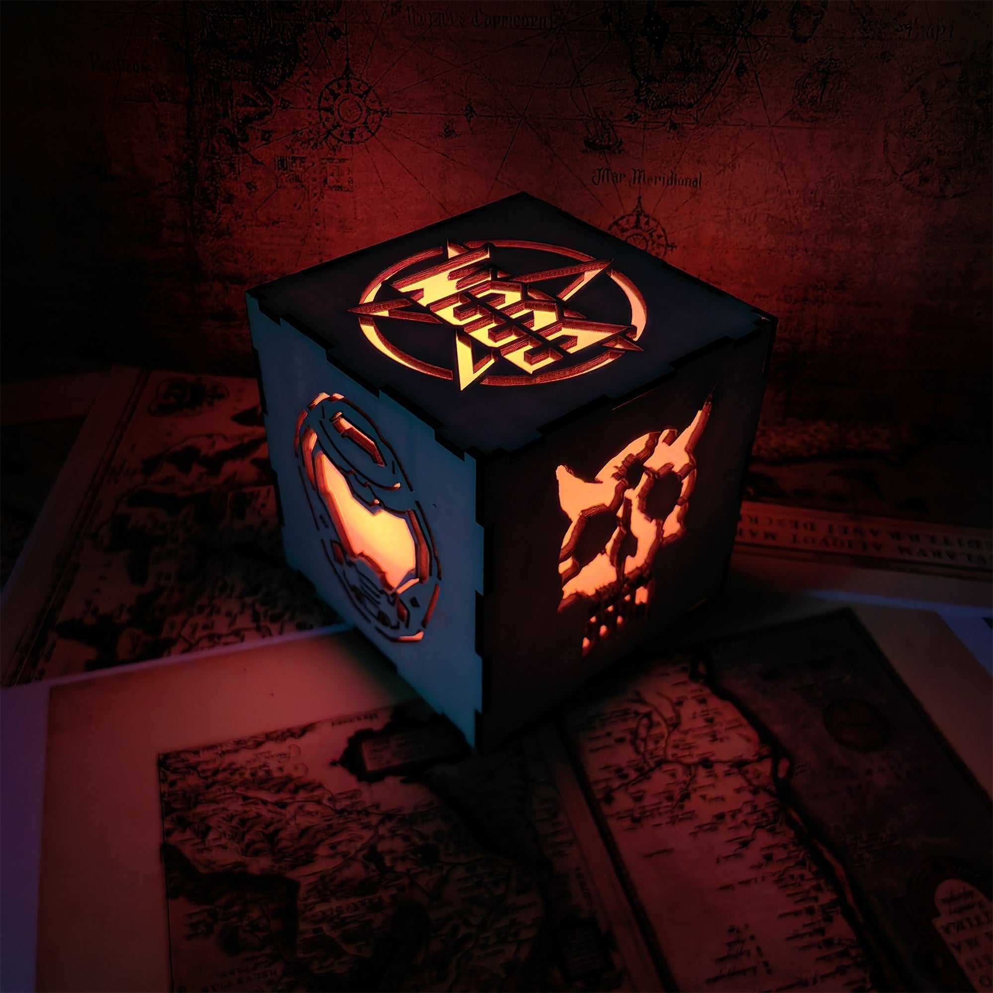 Doomguy Helmet Satan Pattern Wood Cube Light Desk Decor - Tophatter Daily Deals