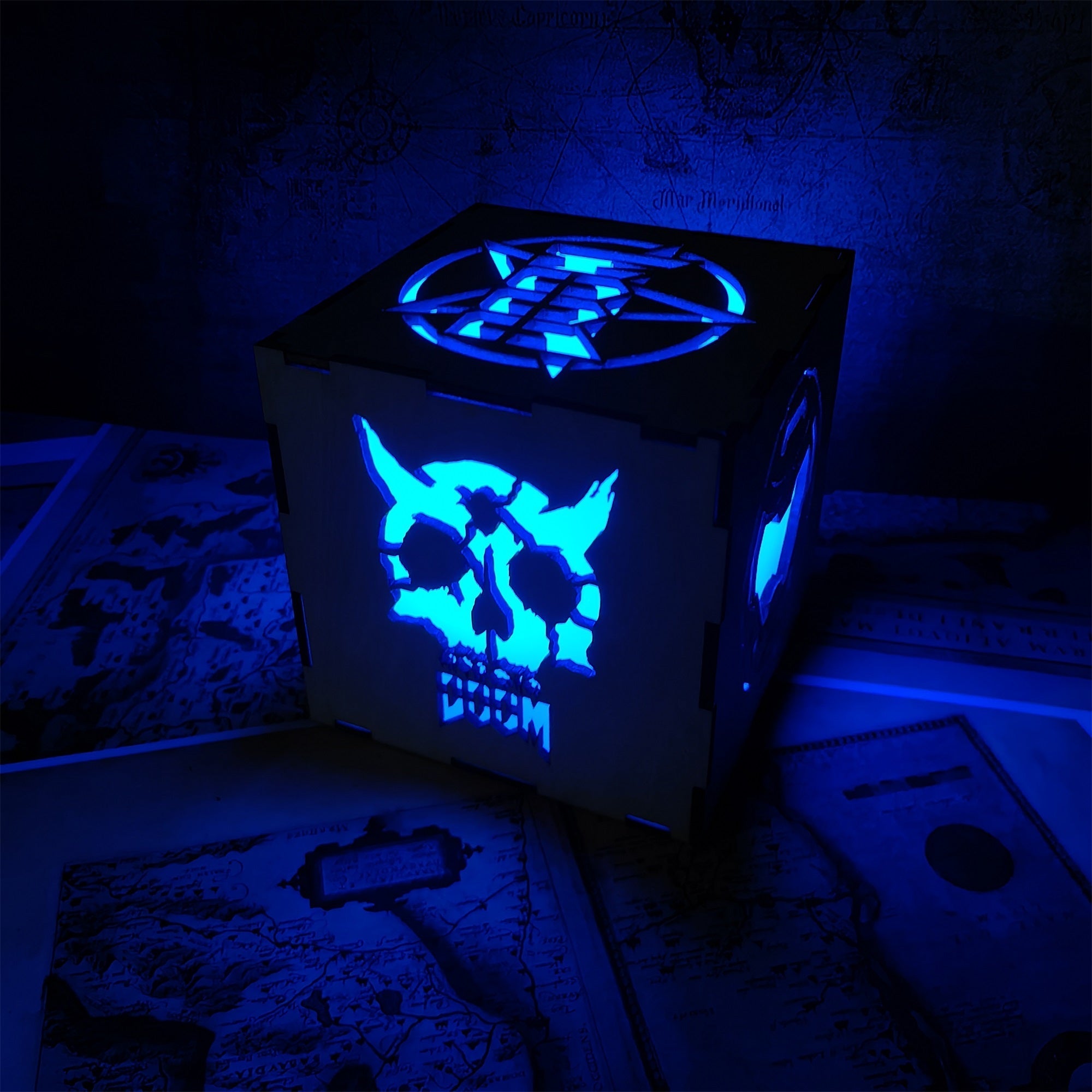 Doomguy Helmet Satan Pattern Wood Cube Light Desk Decor - Tophatter Daily Deals