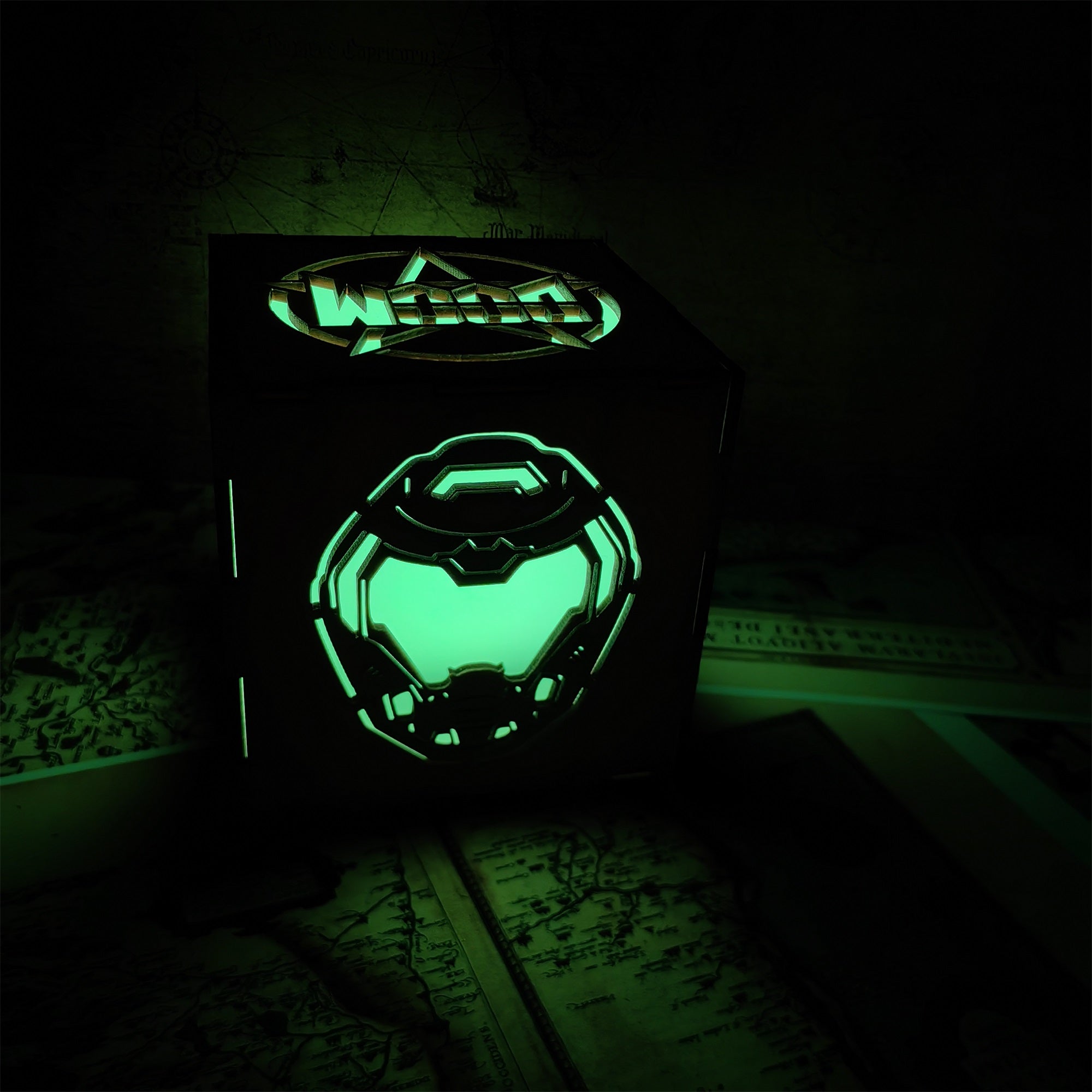 Doomguy Helmet Satan Pattern Wood Cube Light Desk Decor - Tophatter Daily Deals