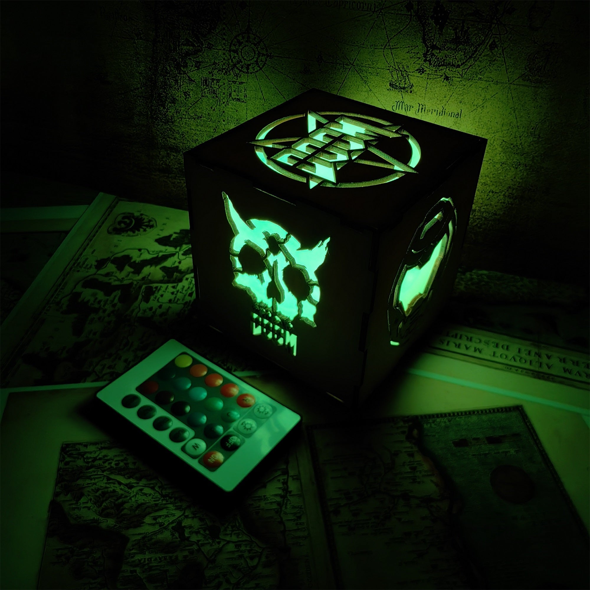 Doomguy Helmet Satan Pattern Wood Cube Light Desk Decor - Tophatter Daily Deals