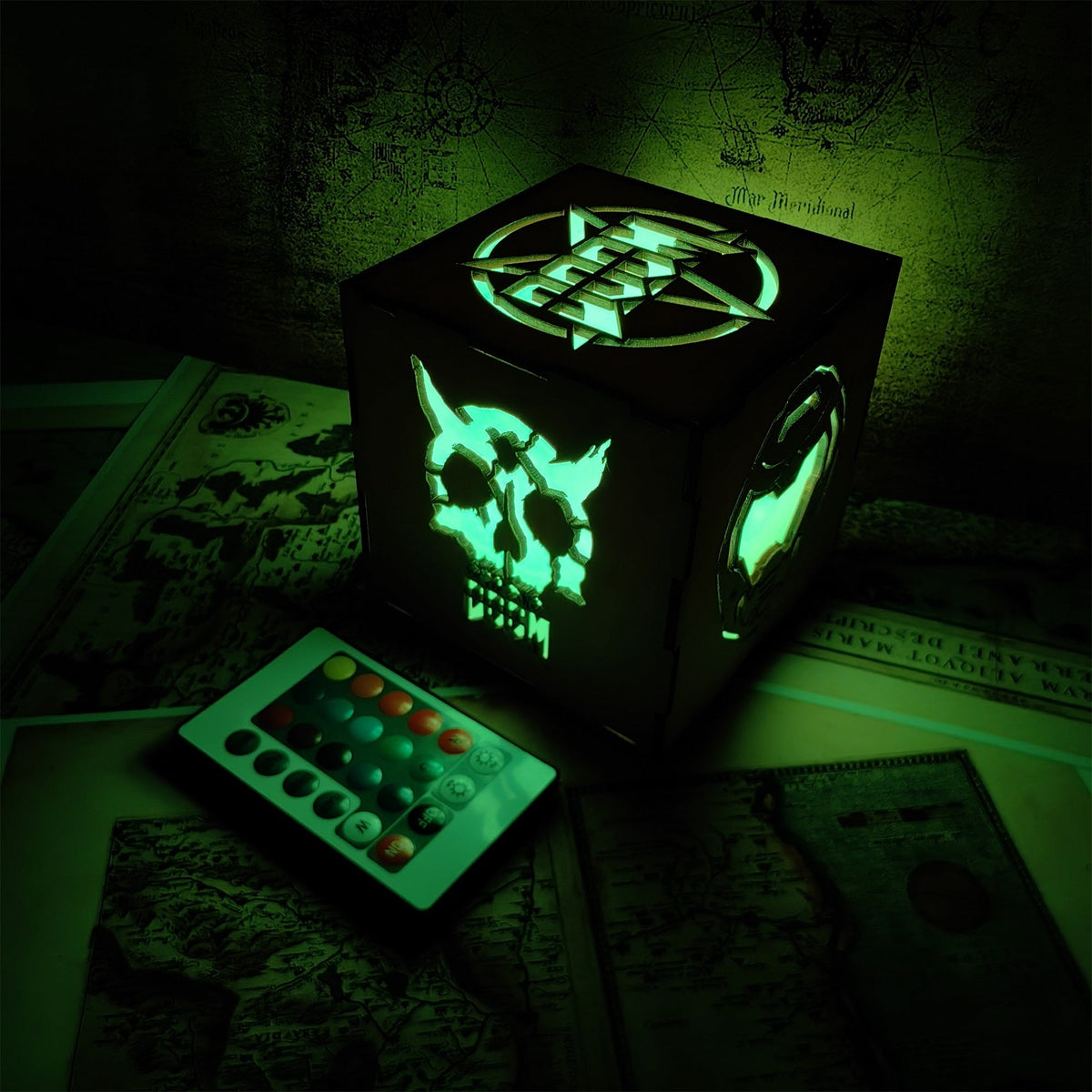 Doomguy Helmet Satan Pattern Wood Cube Light Desk Decor - Tophatter Daily Deals