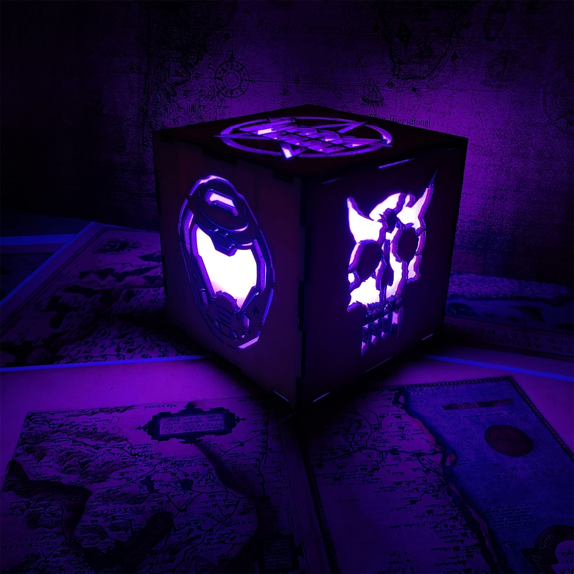 Doomguy Helmet Satan Pattern Wood Cube Light Desk Decor - Tophatter Daily Deals