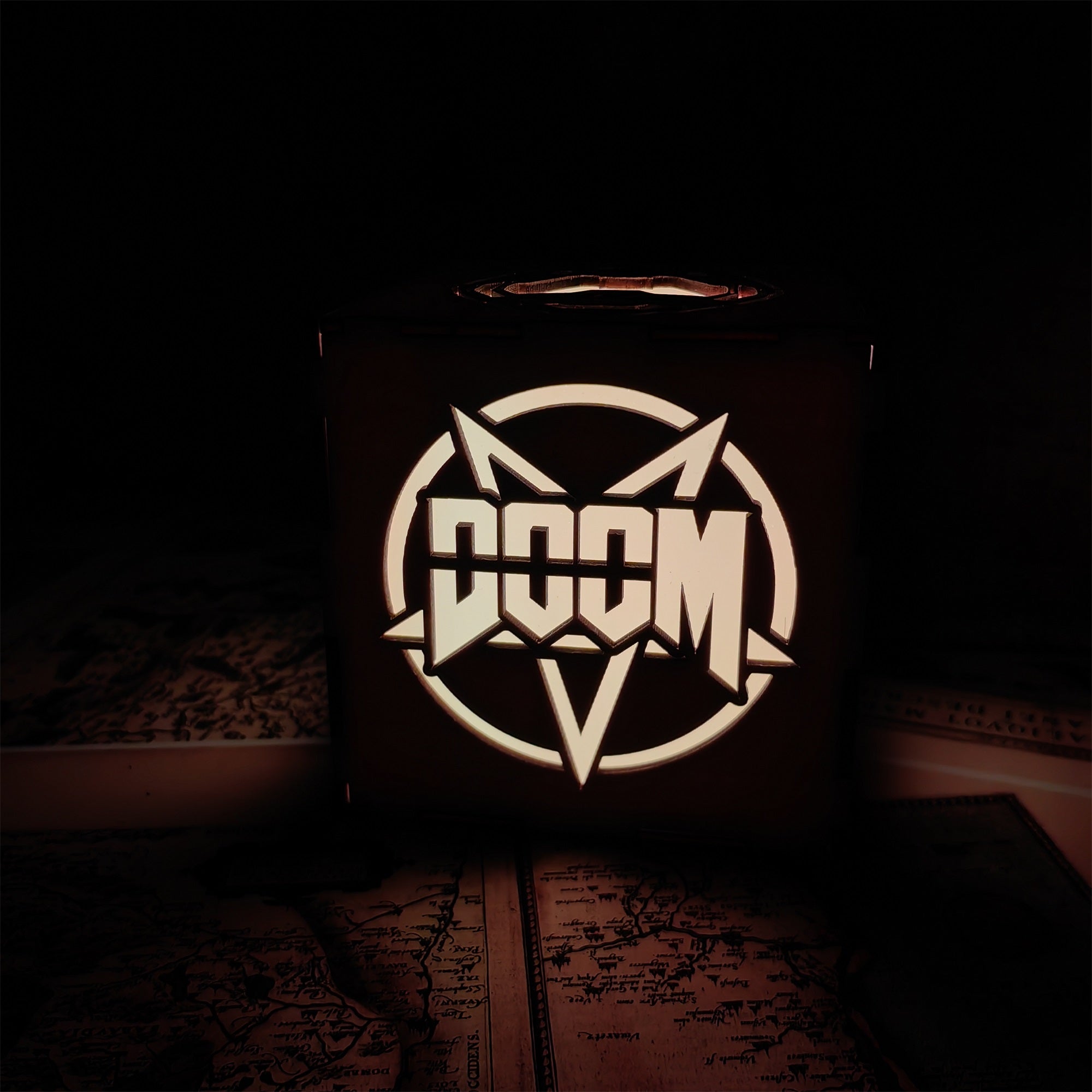 Doomguy Helmet Satan Pattern Wood Cube Light Desk Decor - Tophatter Daily Deals