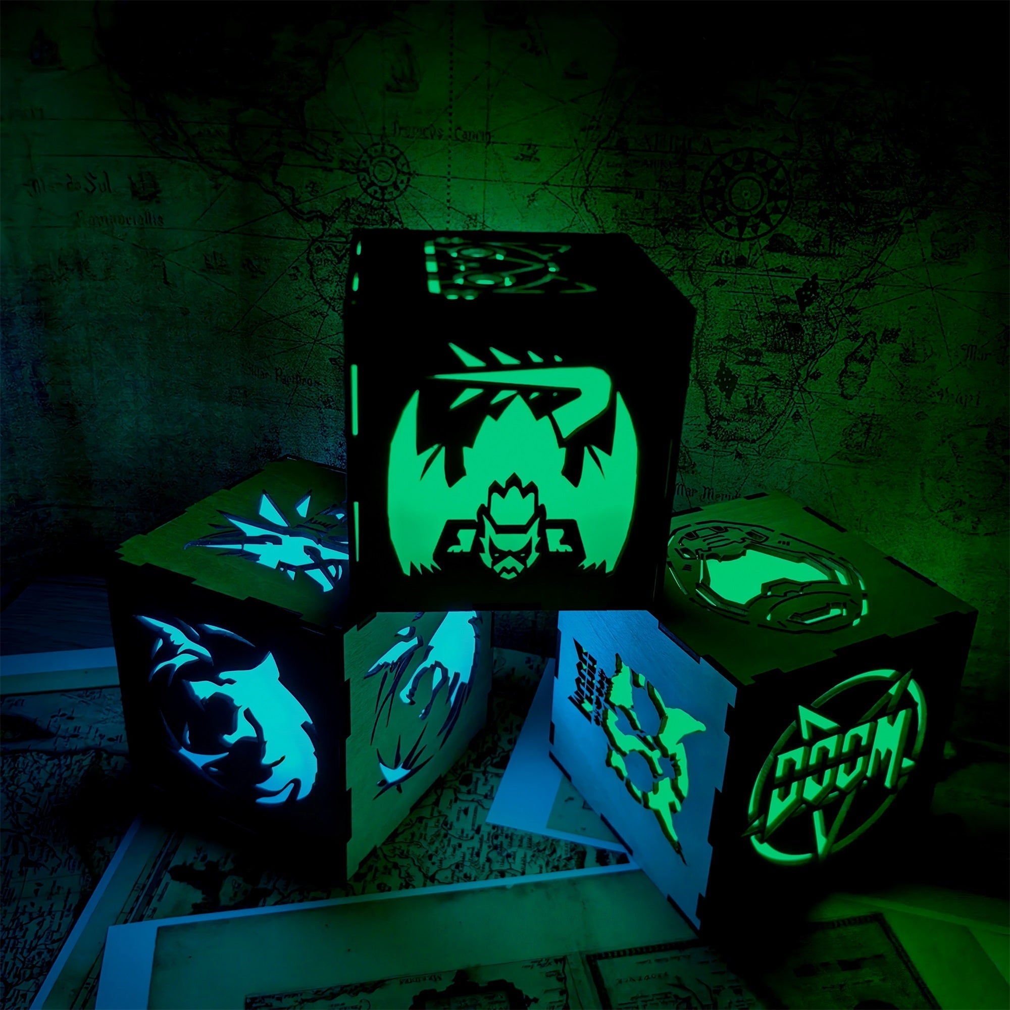 Doomguy Helmet Satan Pattern Wood Cube Light Desk Decor - Tophatter Daily Deals