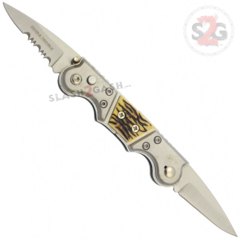 Double Trouble Mini Dual Switchblade Automatic Knife - Sim Stag Knife-Auto - Tophatter Daily Deals