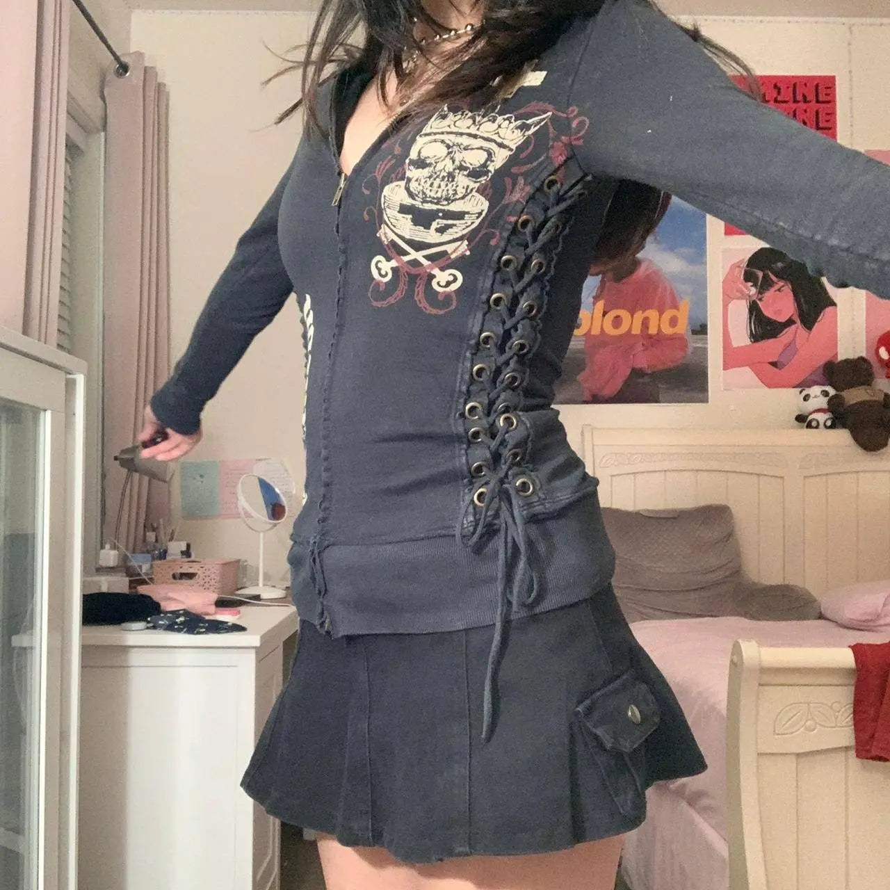 Dourbesty Vintage Bandage Zip-up Sweatshirts Y2k Aesthetic Print Women Long Sleeve Crop Tops 2000s Retro Jackets Grunge Clothes - Tophatter Daily Deals