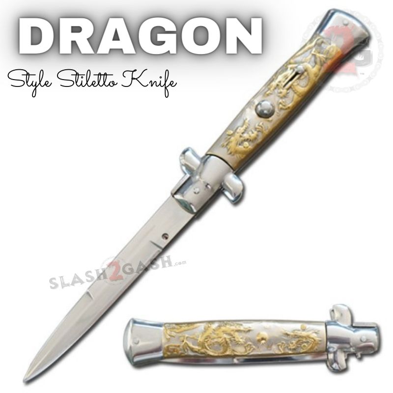 Dragon Stiletto Automatic Knife Italian Style Switchblade - Rainbow 3D Gold Knife-Auto - Tophatter Daily Deals