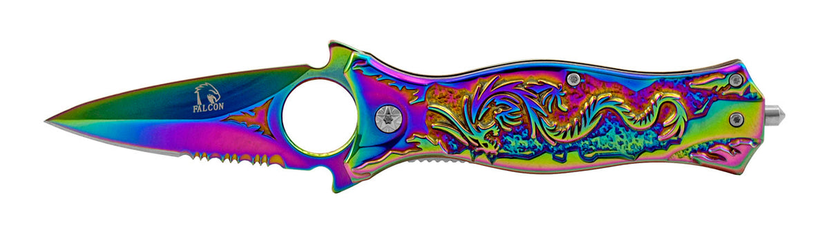 M-TECH Rainbow Dragon Finger Hole Spring Assisted Knife w/ Breaker Knife-Assist - Tophatter Daily Deals