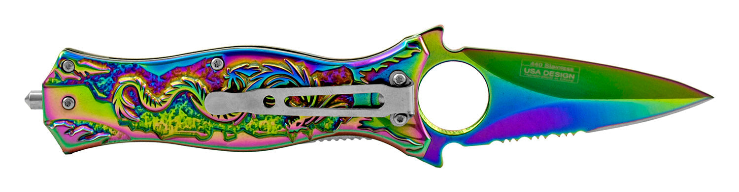 M-TECH Rainbow Dragon Finger Hole Spring Assisted Knife w/ Breaker Knife-Assist - Tophatter Daily Deals