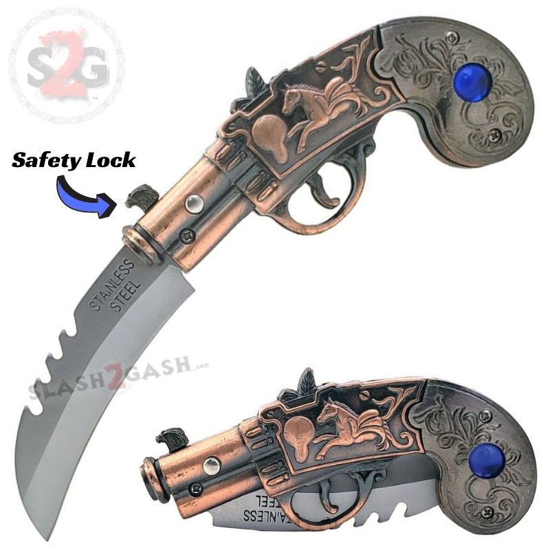 Dueling Pistols Mini Auto Knife Gun-Shaped Novelty Switchblade Antiqued Brass w Jewel Knife-Auto - Tophatter Daily Deals