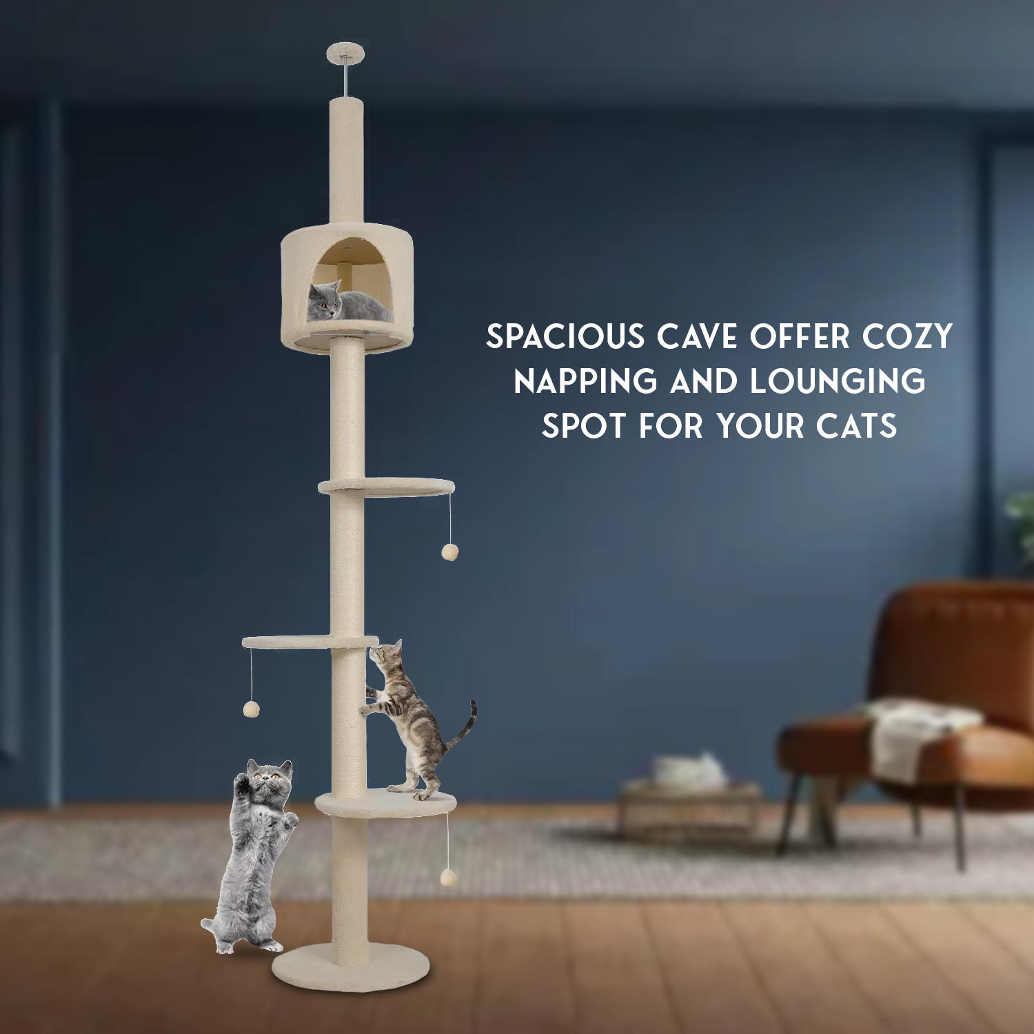 Floor To Ceiling Cat Tree – 220-260cm 4-Tier Climbing Tower Tall Scratching Post for Cats pet - Tophatter Daily Deals