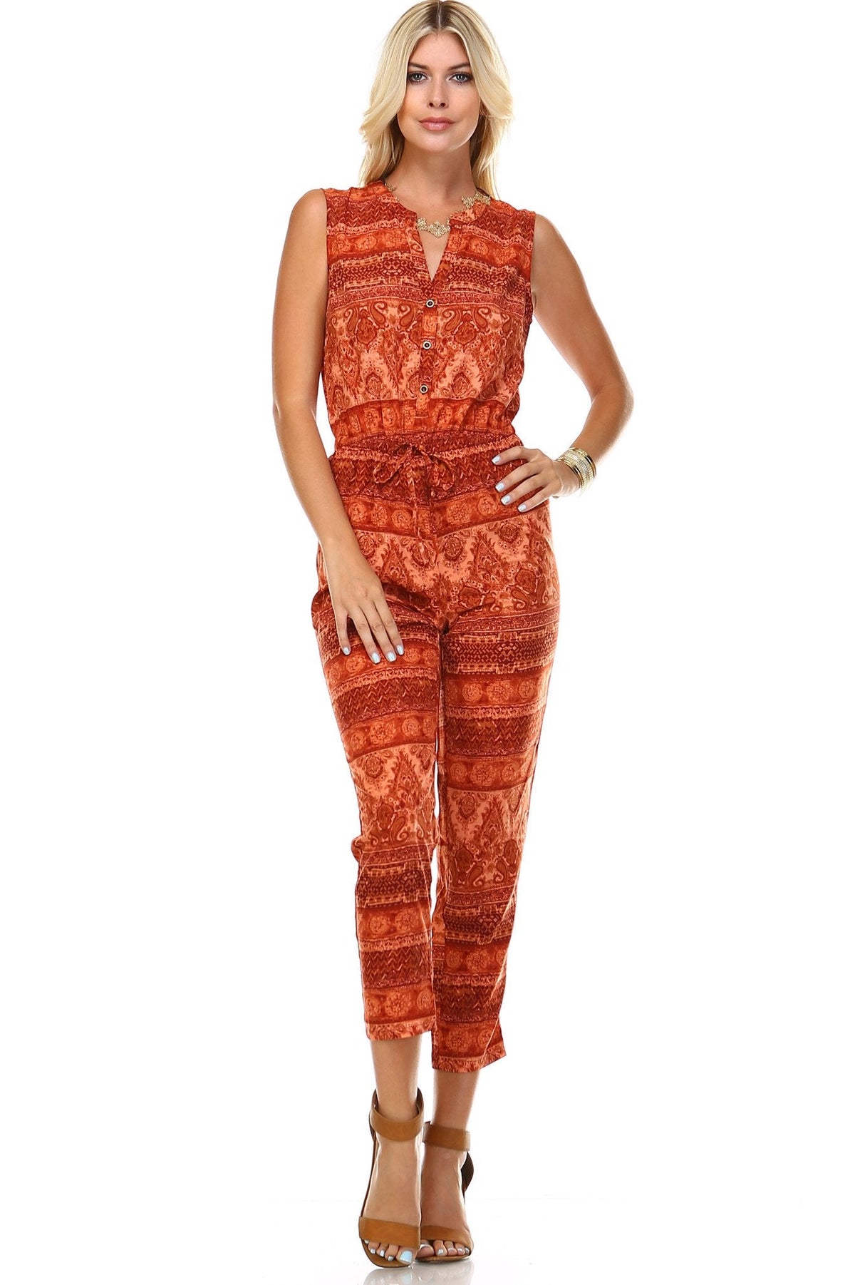 Women's Printed Button Up Sleeveless Jumpsuit Rustic Coral Jumpsuit - Tophatter Daily Deals