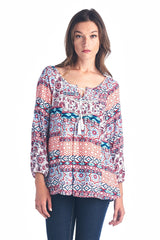Women's Tassel Tie Printed Loose Top Artic White 1 Tops - Tophatter Daily Deals
