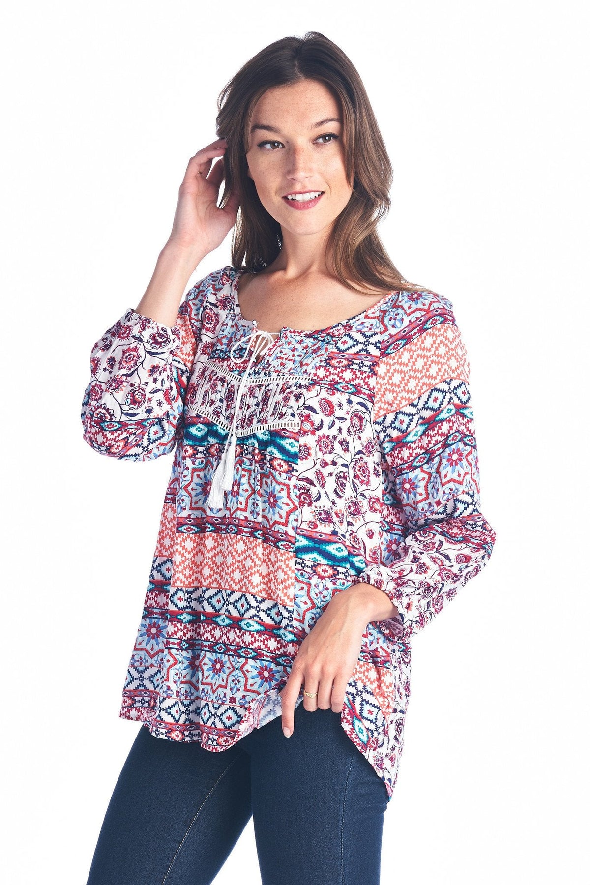 Women's Tassel Tie Printed Loose Top Tops - Tophatter Daily Deals