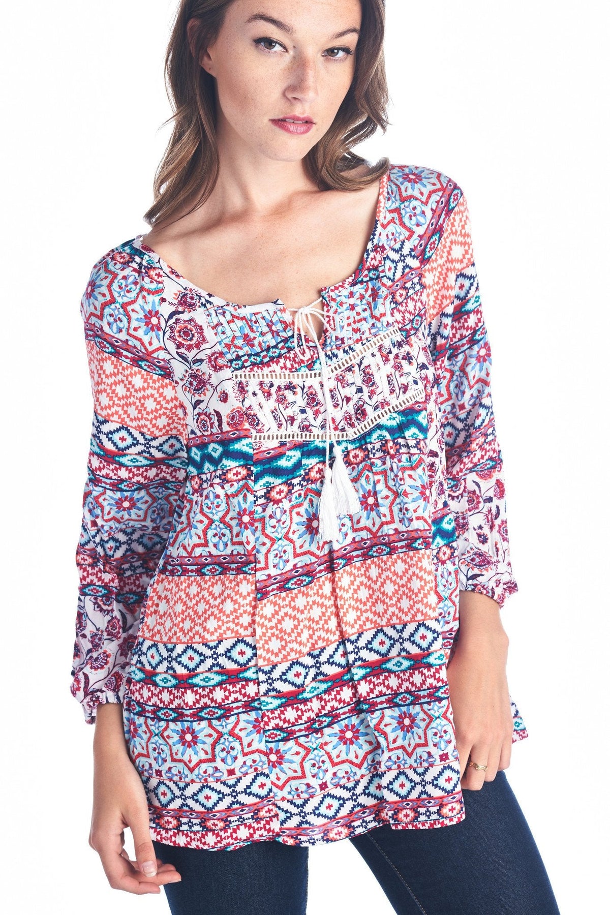 Women's Tassel Tie Printed Loose Top Tops - Tophatter Daily Deals