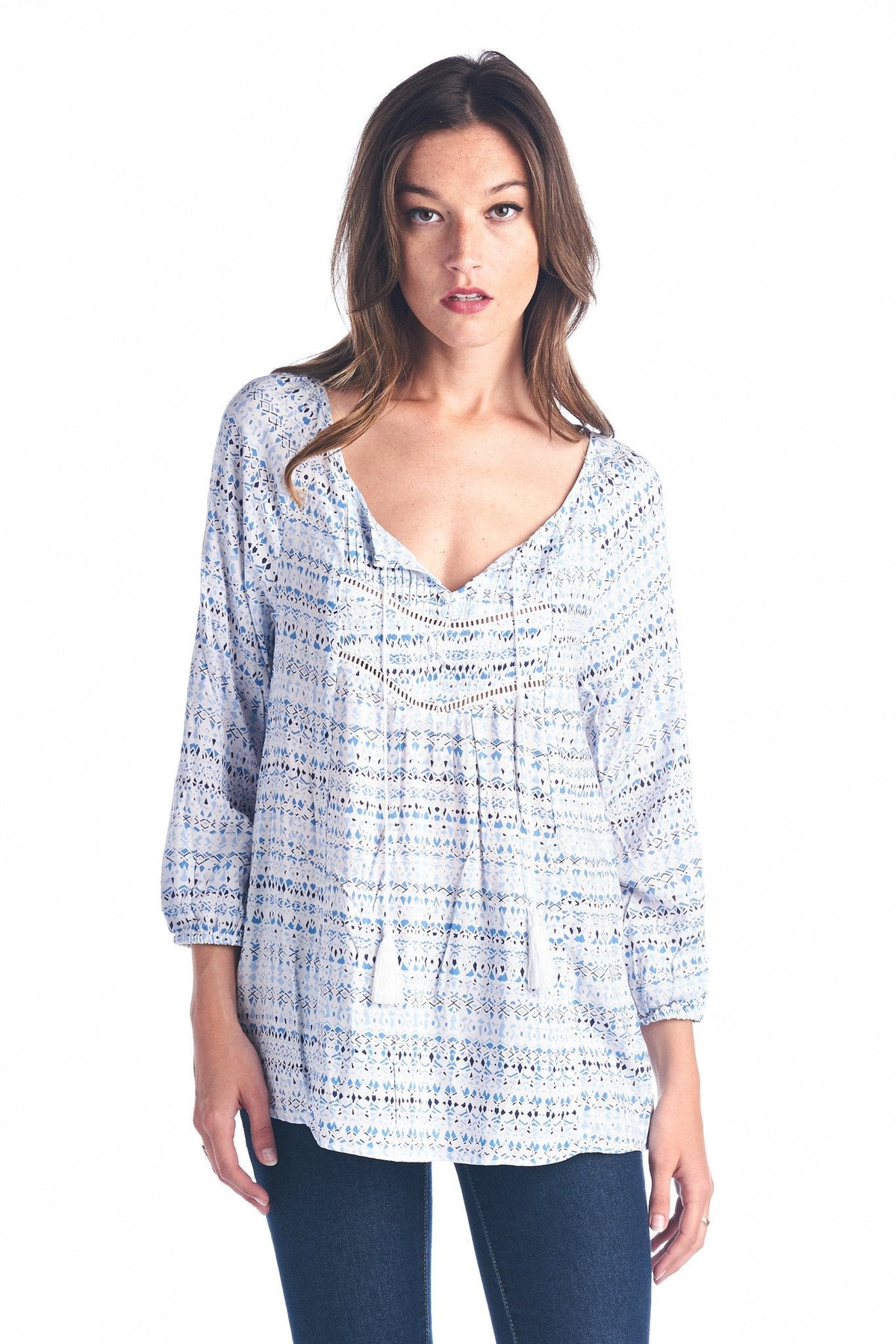Women's Tassel Tie Printed Loose Top Blue Paradise Tops - Tophatter Daily Deals