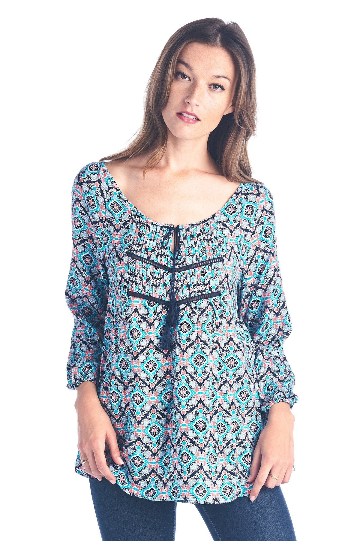 Women's Tassel Tie Printed Loose Top Dark Navy 13 Tops - Tophatter Daily Deals
