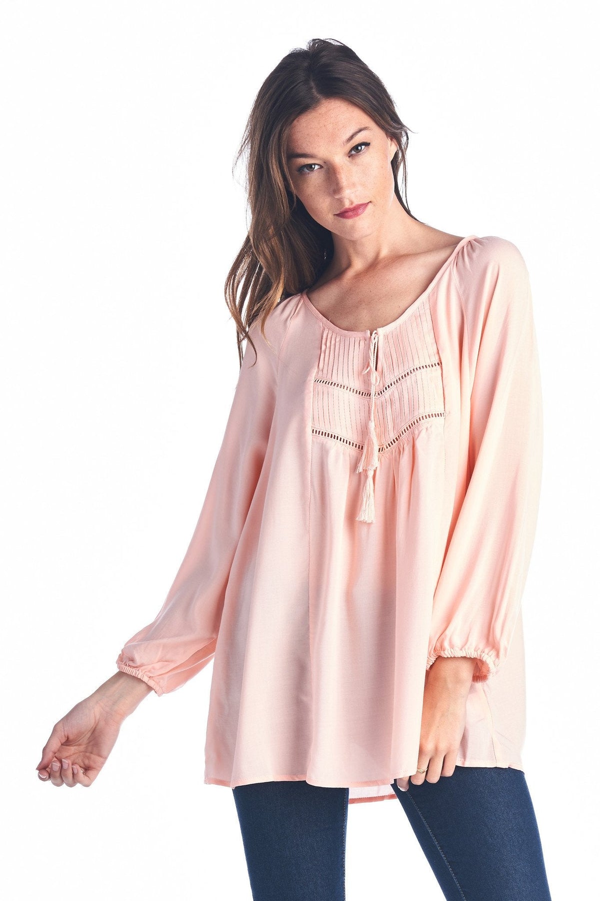 Women's Tassel Tie Loose Top Peach 4 Tops - Tophatter Daily Deals