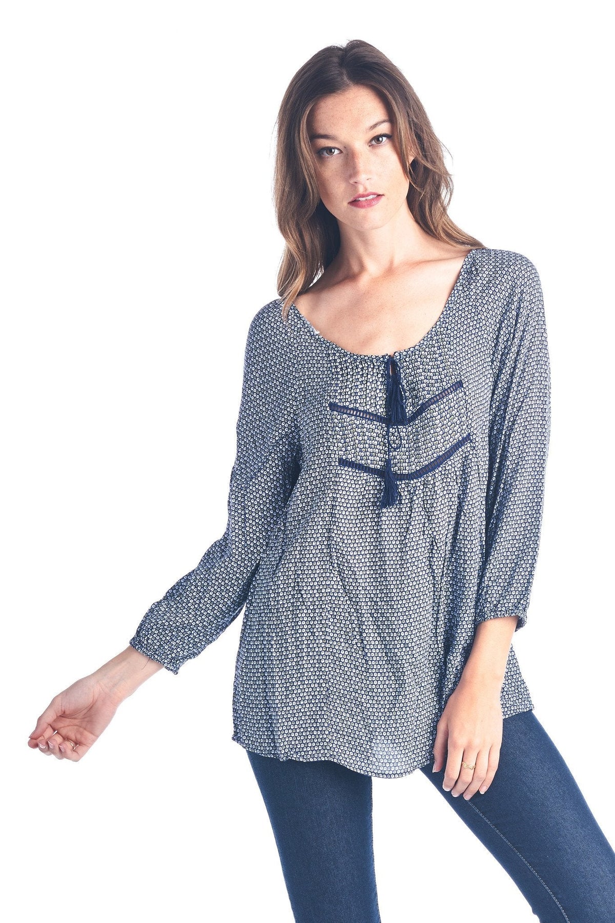 Women's Tassel Tie Printed Loose Top Peri Night Tops - Tophatter Daily Deals